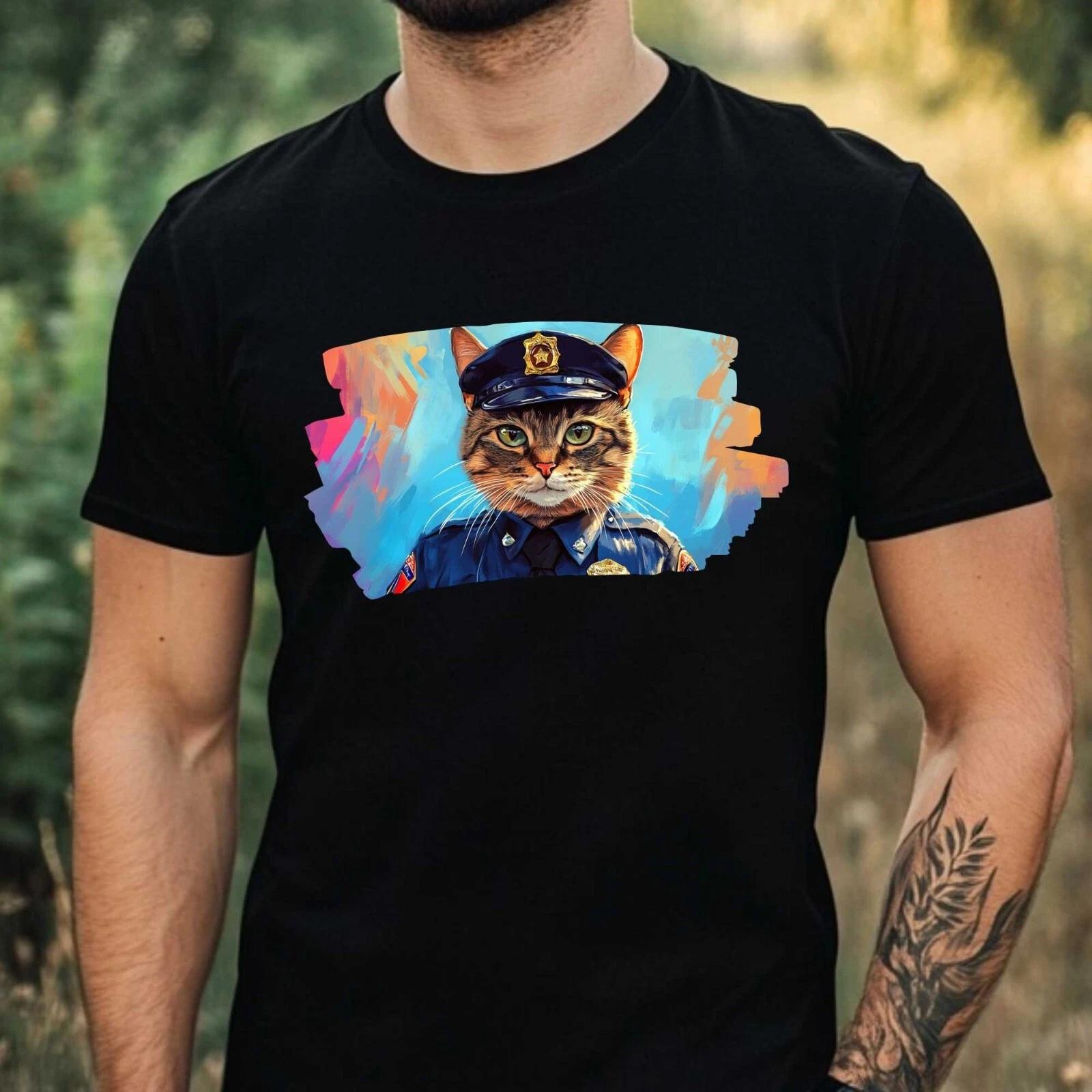 T-Shirt Herren Katze als Polizist Motiv Baumwolle Größe XS bis 5XL XL