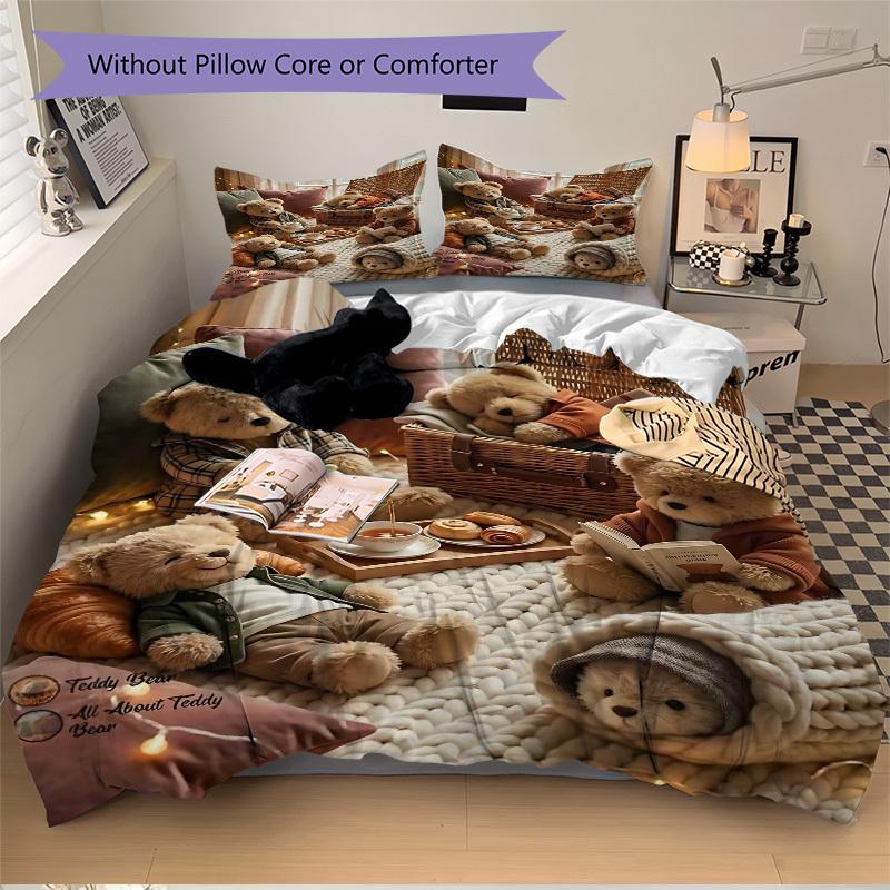

3pcs Teddy Bear Picnic Blanket Set - Includes One Quilt Cover and Two Pillowcases (No Core) - Perfect for Bedroom and Guest Room Decoration, Fest 135x200cm