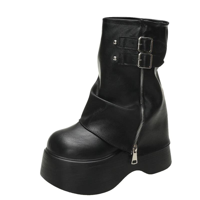 Soft Leather Ankle Mid Calf Boots Winter Autumn High Platform Wedge British Booties Woman New Ladies Chunky Motorcycle Boots