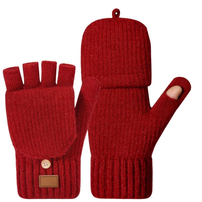 Women Half Finger Winter Gloves Thickened  Insulated Windproof Knit Design With Double Fleece Lining For Cold Weather