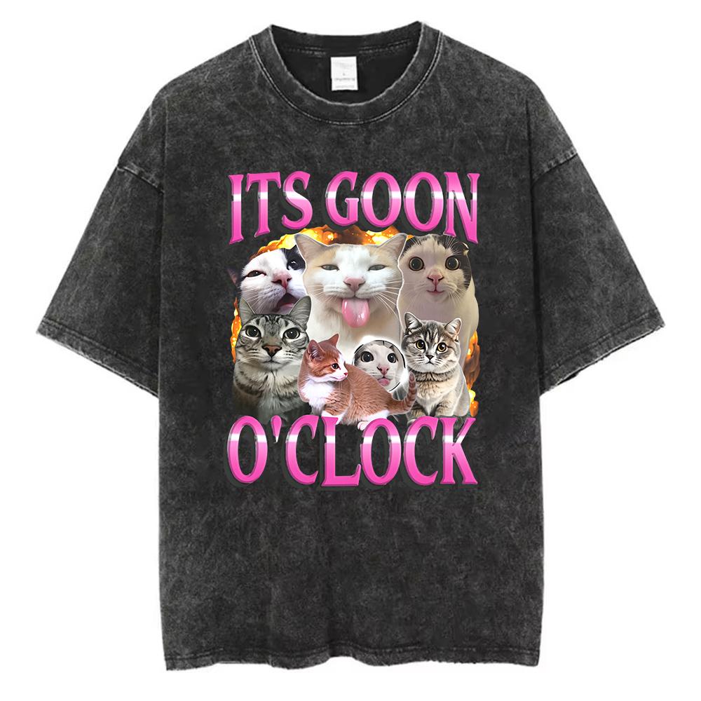 Vintage Washed Cotton TShirt Men Funny Cats Graphic Tee Pink Letter Print Retro Acid Wash Short Sleeve Harajuku Streetwear Top S