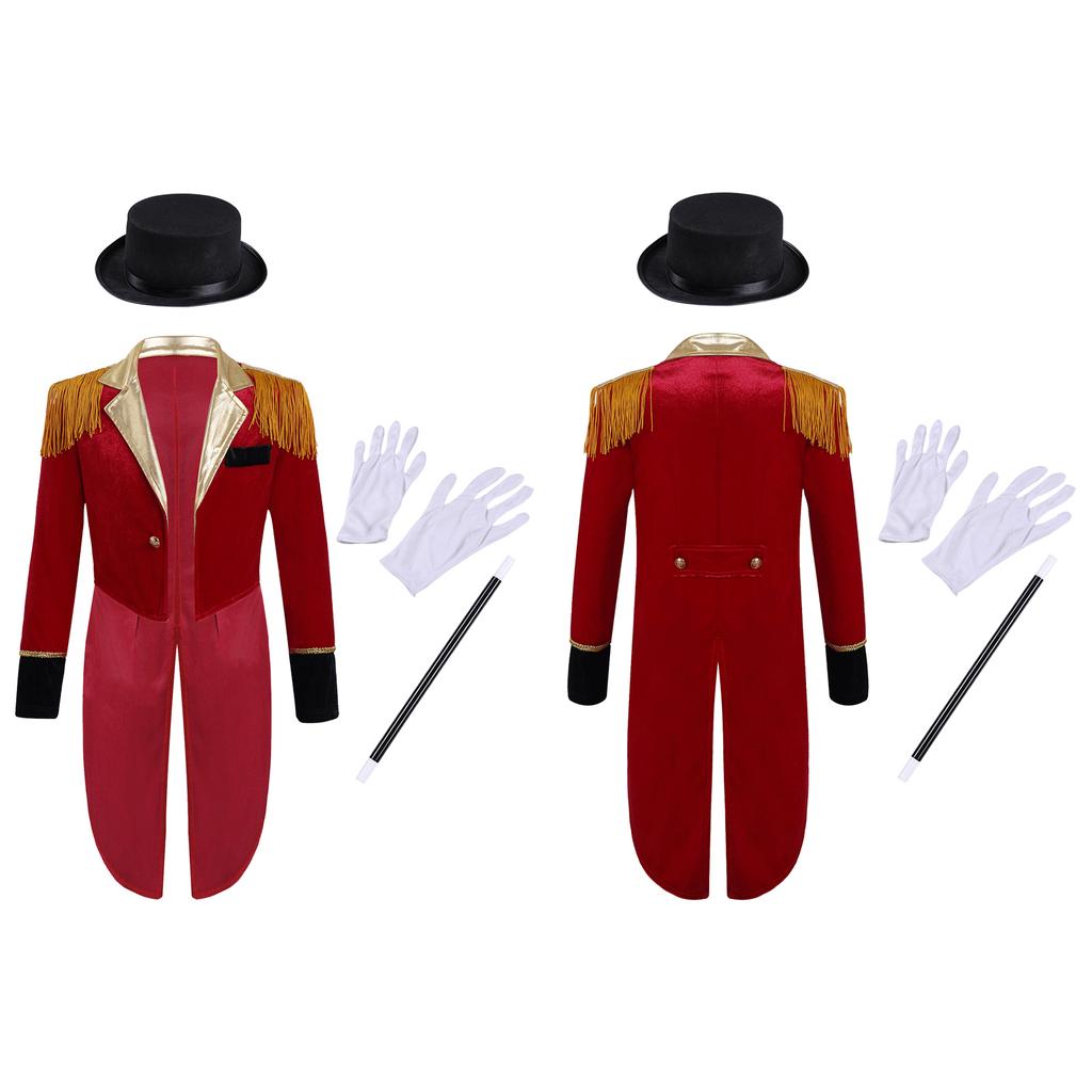 Boys Circus Costume Set Long Sleeve Lapel Tassel Shoulder Tailcoat Complete Hat Magic Wand Gloves Accessory Kit