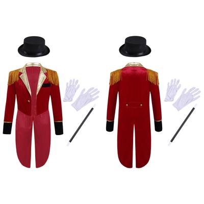 Boys Circus Tailcoat Costume Long Sleeve Lapel Tassel Shoulder Hat Magic Wand Gloves Dress Up Set