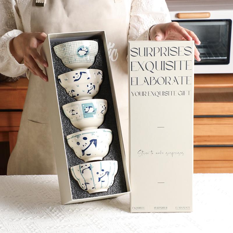Panda Ceramic Rice Bowl Set 2024 - Japanese High-Foot Bowls with Underglaze Color, Cute Design, Perfect Gift Box