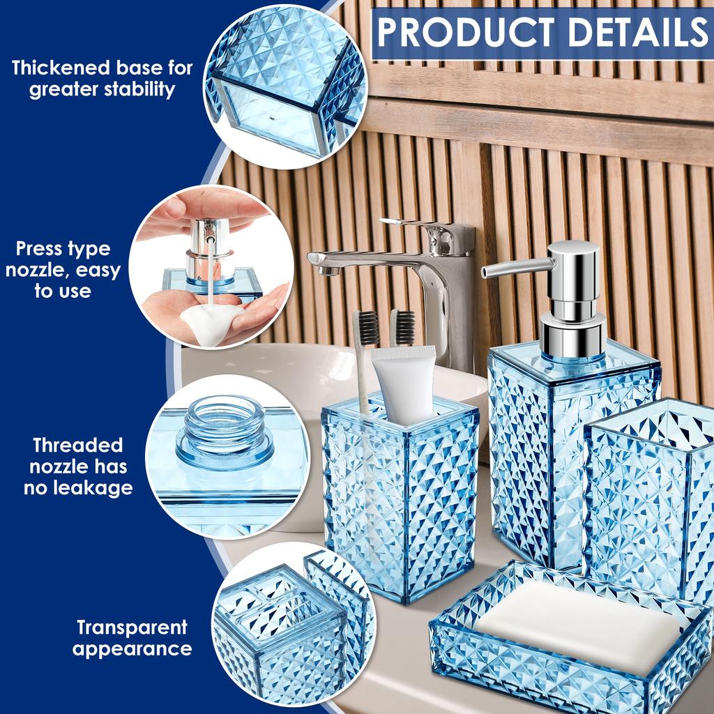 4Pcs Bathroom Accessories Sets Lotion Dispenser Pump Bottle Toothbrush Holder Mouthwash Cup Soap Dish Clear Diamond Pattern