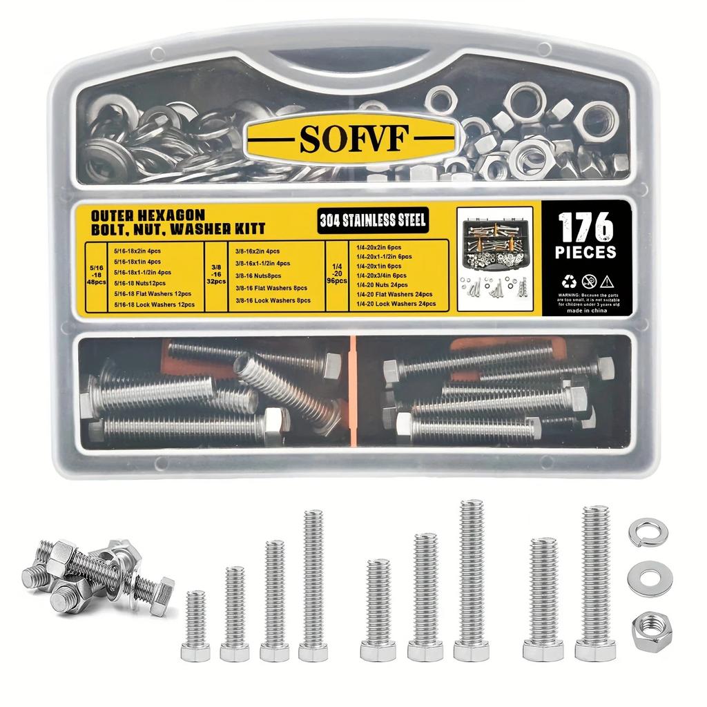 176Pcs Imperial Hex Bolts Kit: Stainless Steel Screws, Nuts, Washers for Machinery, Industry, Automotive and Heavy-Duty DIY