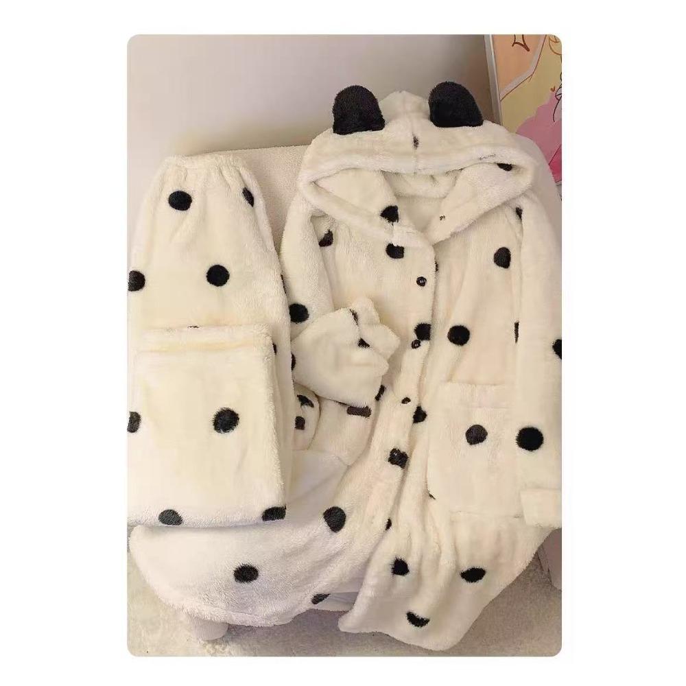 Women Coral Fleece Bathrobe Hooded Flannel Robe Set Thick Warm Loungewear Fall Winter