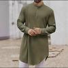 New-style plain-coloured cotton-linen button-down long-sleeved casual shirt for Muslim men