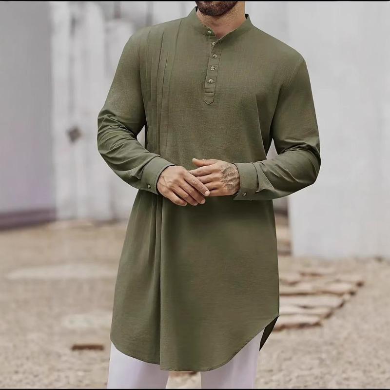 New-style plain-coloured cotton-linen button-down long-sleeved casual shirt for Muslim men