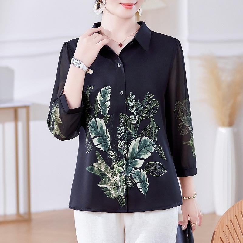 

Summer Chiffon Shirt: Versatile 3/4 Sleeve Blouse for Middle-Aged and Elderly Women 4XL (135-145 jin) чорний