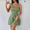 Mini abito estivo casual da donna con stampa floreale Ditsy, spalline con nodo, scollo quadrato, arricciato