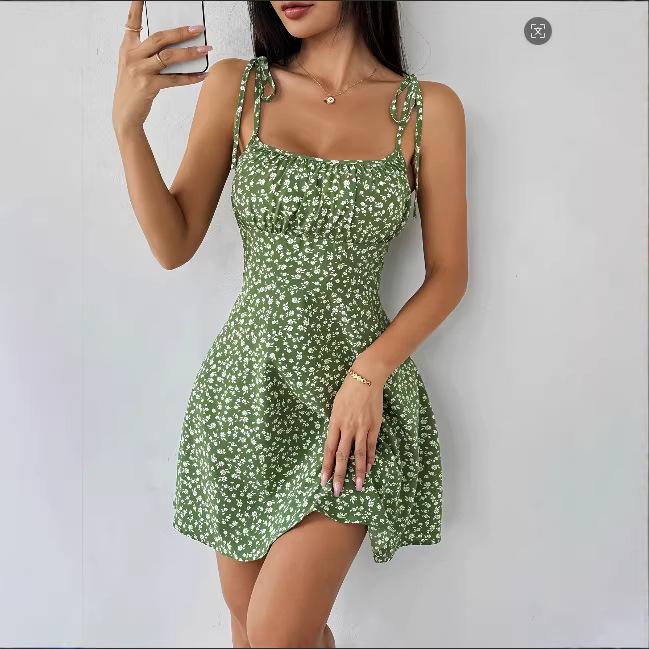 Mini abito estivo casual da donna con stampa floreale Ditsy, spalline con nodo, scollo quadrato, arricciato
