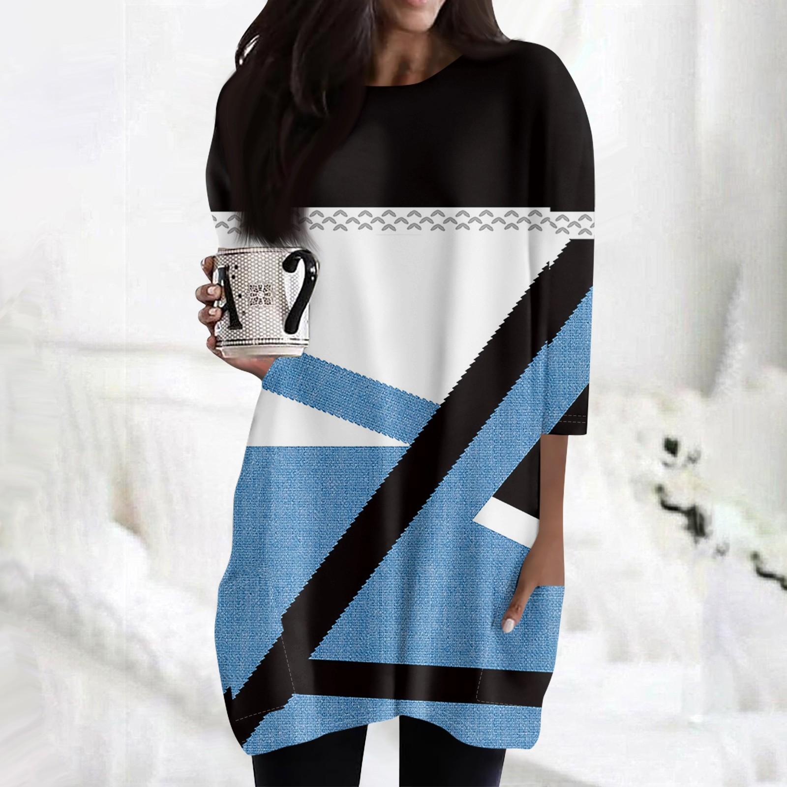 

Женские повседневные рубашки с рукавами 3/4, модные туники с принтом, топы с карманами XL синий