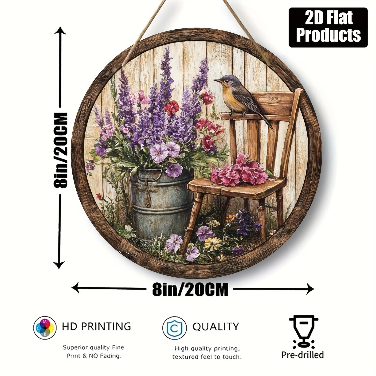 

Круглая деревянная табличка, в деревенском стиле, 2D-печать, фреска с птицами и цветами, 7,87 дюйма, это многофункциональное праздничное украшение, без электричества или батареек