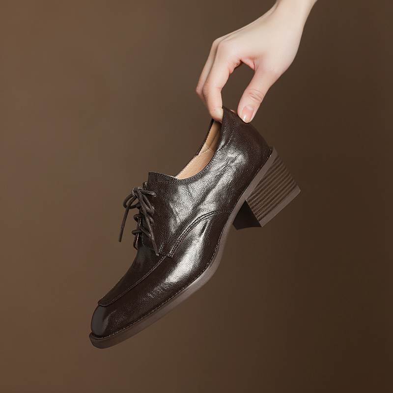 Krazing Pot Sheepskin Autumn Winter Shoes Lace Up Med Heels Size 42 Square Toe Brown Color Pumps