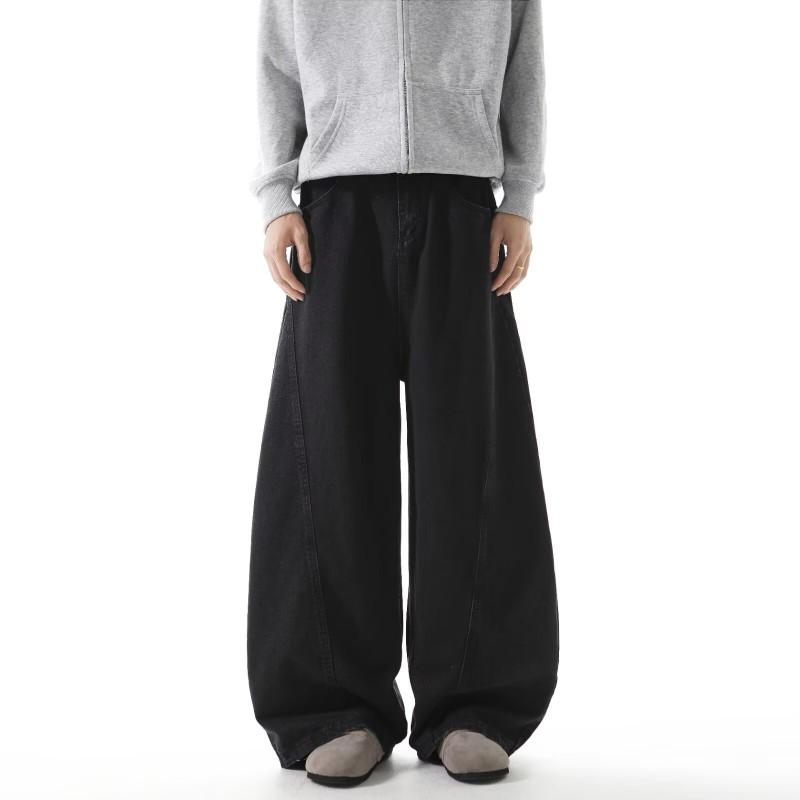 Mens Black Wide Leg Denim Pants Loose Fit Straight Cut Casual Trousers With Slight Stretch