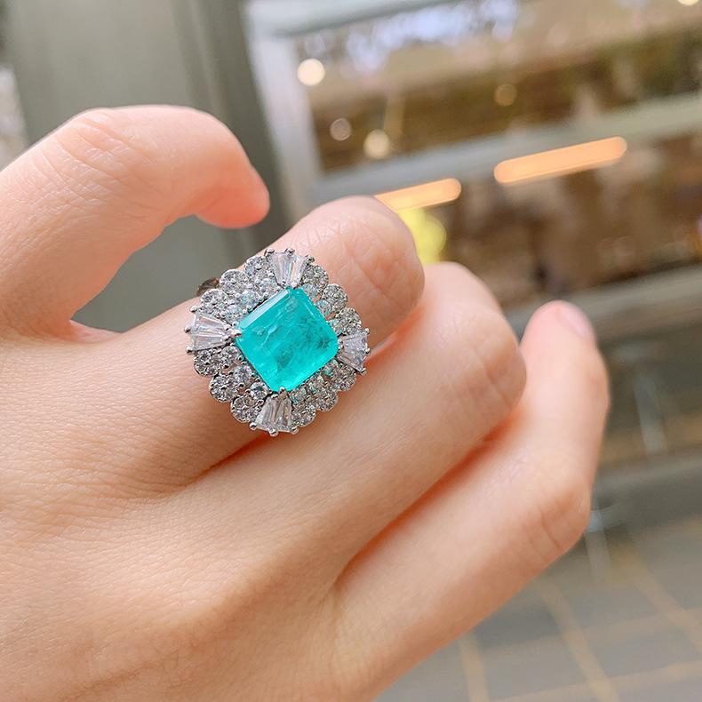 Cross Border Paraiba Electroplating Simulation Simple Zircon Ring Women Square Blue Socialite Opening