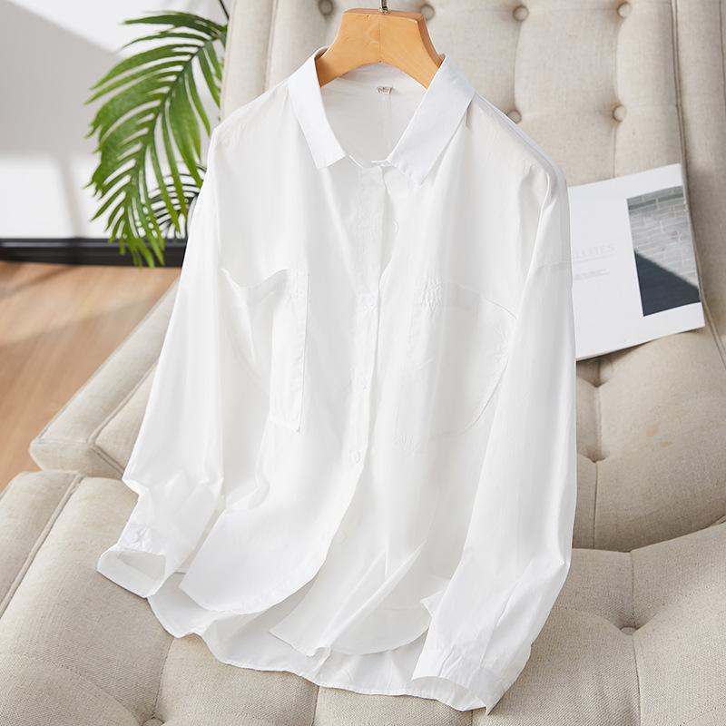 

Женская рубашка с длинным рукавом средней длины свободного кроя из хлопка для通勤. Осенняя новинка, повседневная рубашка M белый