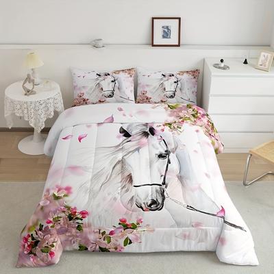 Tierbettwäsche-Set Pferd Floral 3D-Druck Bettbezug-Set Einzel-Twin-Doppelgröße Schlafzimmer-Dekor Bettbezug-Set Geburtstagsgeschenk