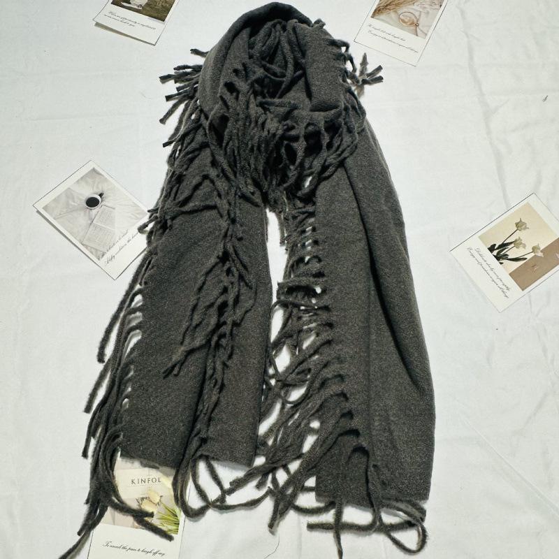 New Solid Color Tassel Imitation Cashmere Scarf on Both Sides for Women Autumn and Winter Versatile Shawl High End Winter Warm Thickened Scarf