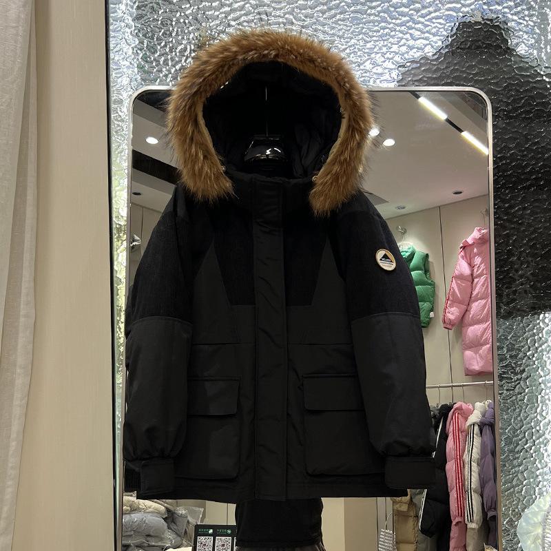 New Big Fur Collar Down Jacket Women's Medium and Long Loose Thickened Hooded Tooling Pie To Overcome Couple's Coat