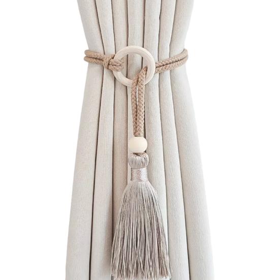 

Bohemian Curtain Tiebacks Handwoven Rope with Tassels & Wood Beads Decorative Window Holdbacks E