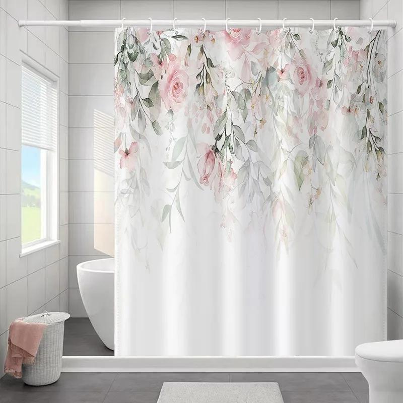 1PC Botanical Flower and Leaf Watercolor Pattern Waterproofing Bathroom Decoration Shower Curtain with Hooks Minimalist Design