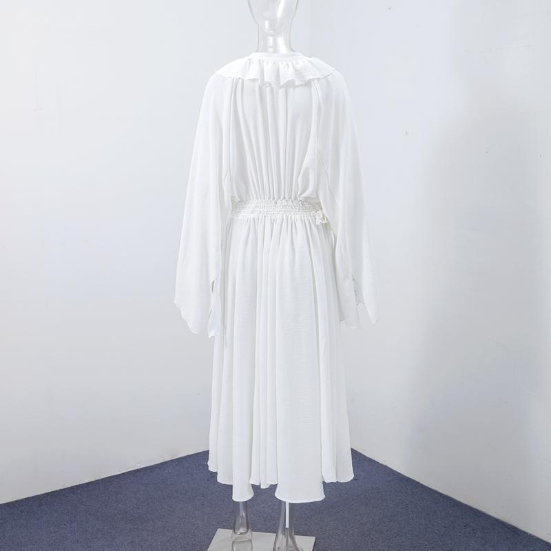 Elegant Solid Color Flounces Dresses Loose V Neck Full Sleeve Female Long Dress New Lady Summer Commute Vacation Dress 2025