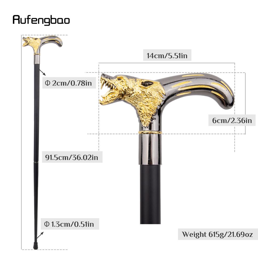 Golden Black Wolf Head Biting Walking Cane Fashion Decorative Walking Stick Gentleman Elegant Cosplay Cane Knob Crosier 92cm