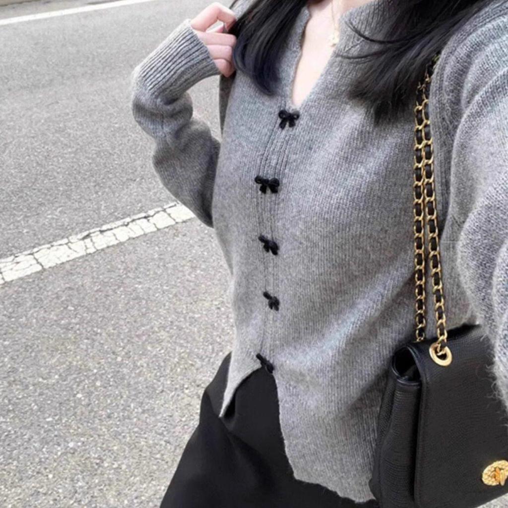 Damen Chic Französisches Grau V-Ausschnitt Schleife Strickpullover - Kleiner Duft Stil für Herbst und Frühling