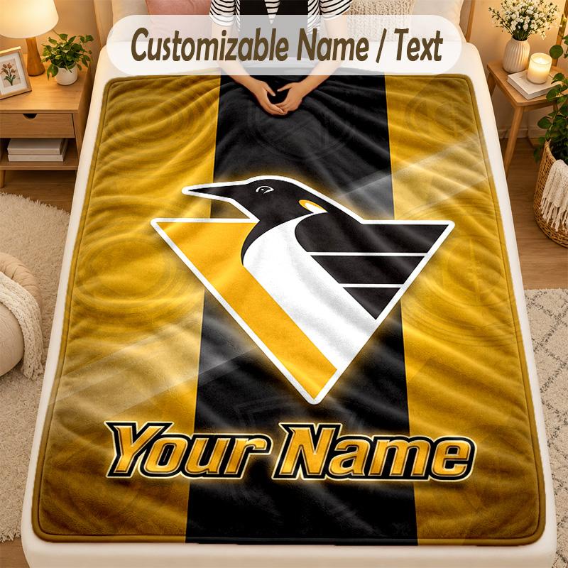 Flannel BlanketPittsburgh Penguins Custom Name Text Personalized Soft Warm Throw Blanket Home Decor Gift
