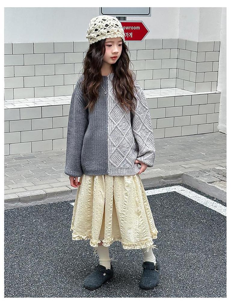 Herbst Winter 2025 Color Block Strickpullover für Mädchen - Trendiges Lazy-Style Oberteil