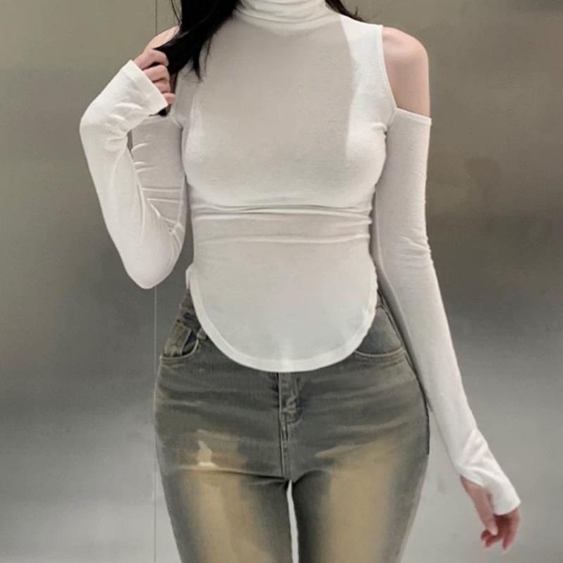 Korejský zeštíhlující top s výstřihem odhalujícím ramena a dlouhým rukávem pro ženy