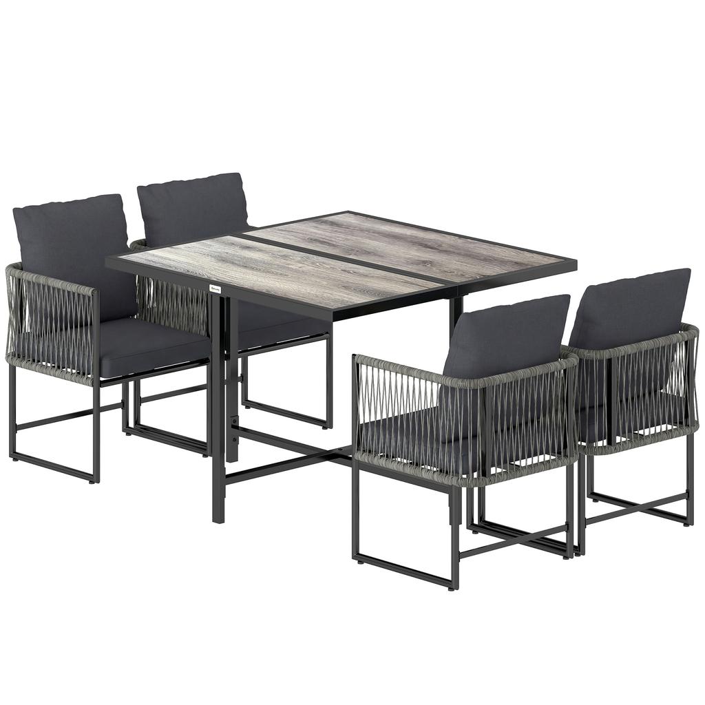 Poly Rattan Garden Furniture Set 5-Piece Space-Saving Seating Group Table with 4 Chairs DPC Tabletop Cushions Grey
