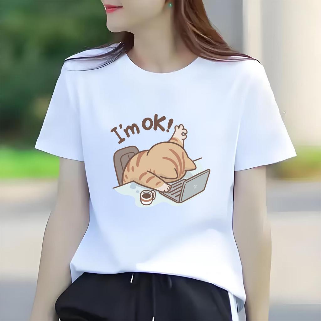 Interesting OK cat cartoon printed short sleeved round neck Womens Tshirt for spring and summer versatile Womens Tshirt