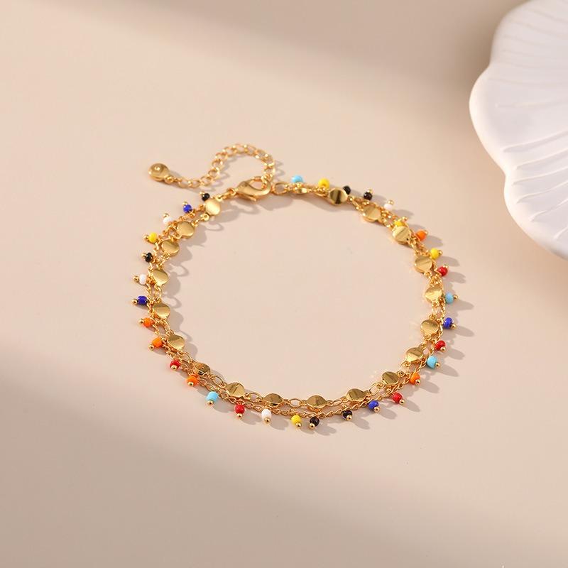 Bohemian Double Layer 18k Gold Plated Color Small Beads Ethnic Style Women Foot Anklet