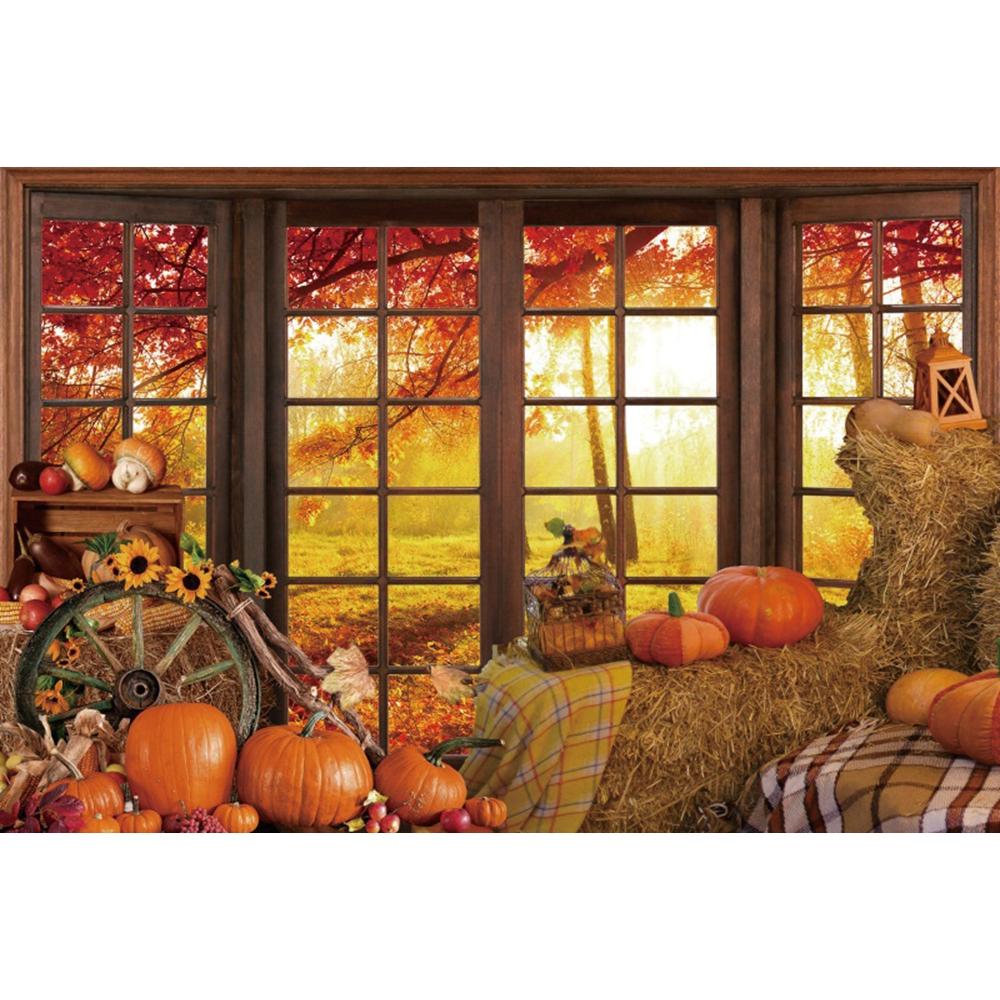Autumn Forest Window Photography Backdrop Fall Maple Leaves Pumpkin Harvest Thanksgiving Kids Portrait Photo Background Decor
