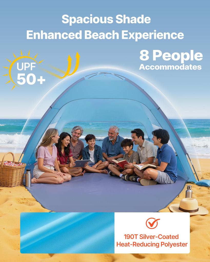 VEVOR Beach Tent Sun Shelter for 8 Person, UPF 50+ Protection, Portable Sun Shade Canopy with Carrying Bag & Sand Pockets