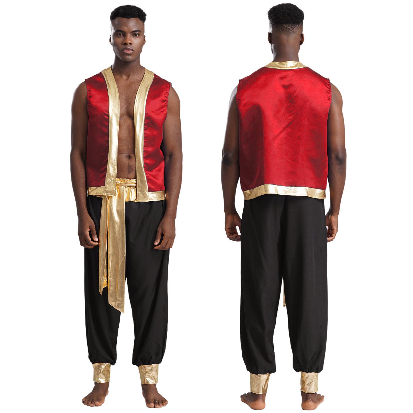 

Mens Arabian Prince Vest & Pants Costume Set M-3XL, Metallic Shiny Trim Open Front Design for Halloween Party Cosplay 3XL чорний/червоний