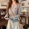 Women Embroidered Design Half Open Collar Long Sleeve Casual Layering T Shirt