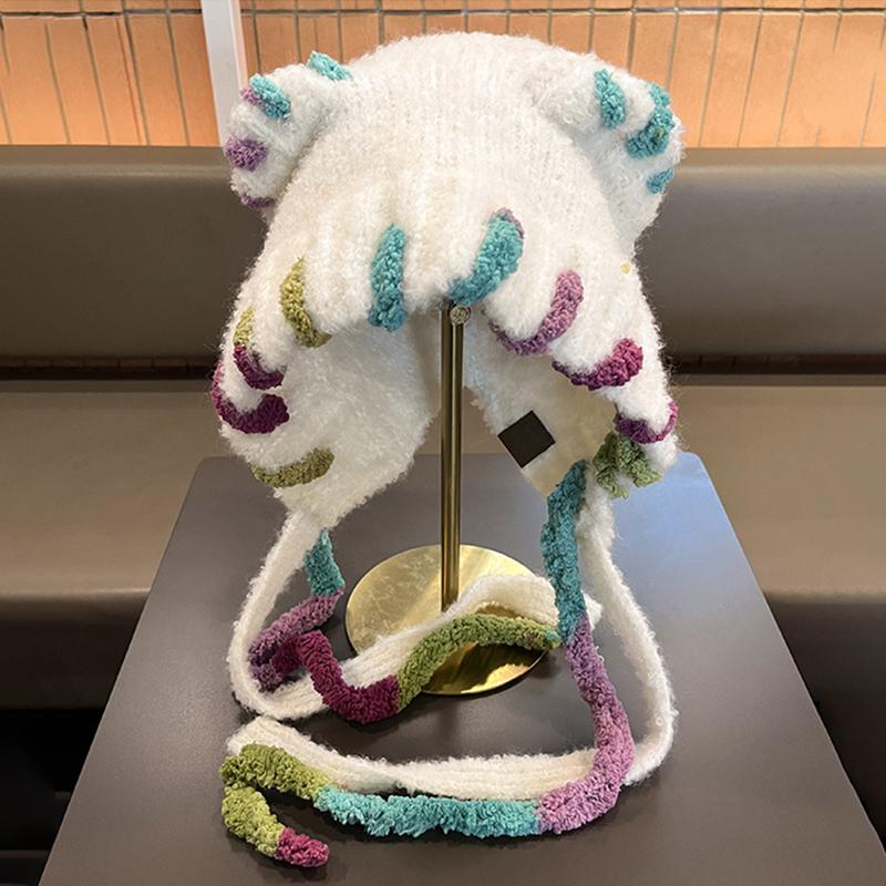 Dopamine Cat Ears Plush Bomber Hat Women Autumn Winter Cycling Cold And Warm Face Small Bag Head Ear Protection Knitted Hat