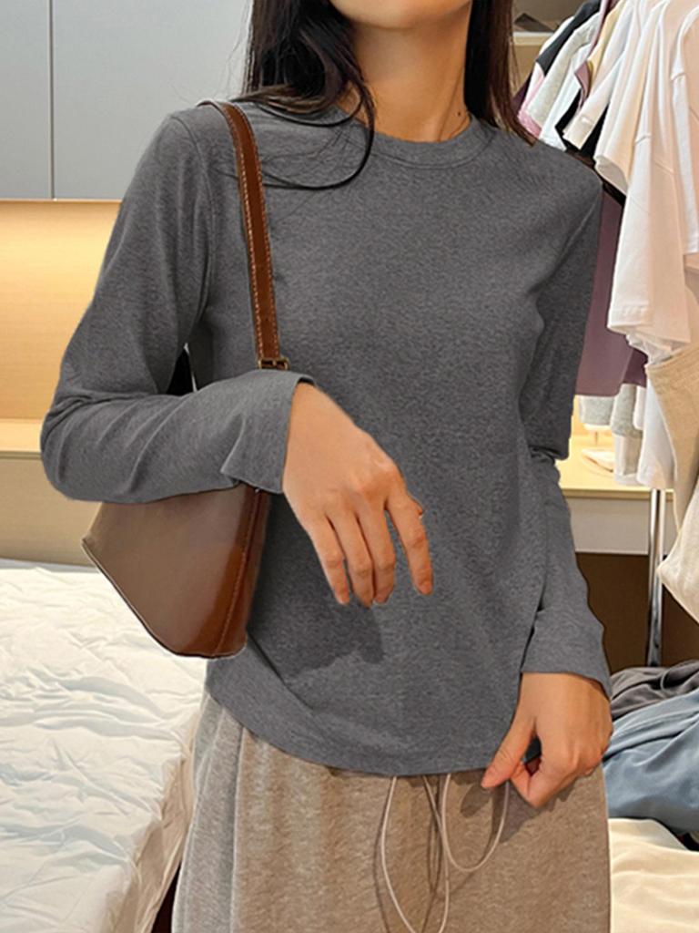 Women's Fleece-Lined Slim Fit T-Shirt: Round Neck, Dropped Shoulders, Cinched Waist, Long Sleeves, Flattering Inner Layer for Autumn/Winter 2025.