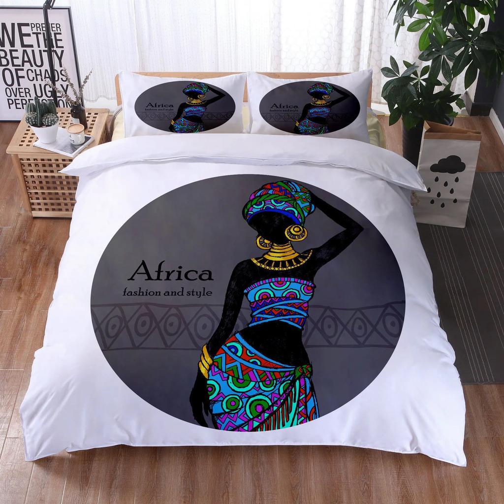 Afrikansk kvinna Sängklädesset Etnisk Afro Påslakan Mikrofiber Afroamerikansk Täcke Set 3 Delar Orange Forntida Öken Full