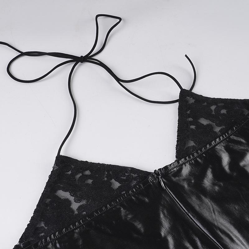 Sexy Lace Patchwork Spaghetti Strap Halter Dress - European & American Style, Slimming, See-through, Pure Color, Short Party Dress.