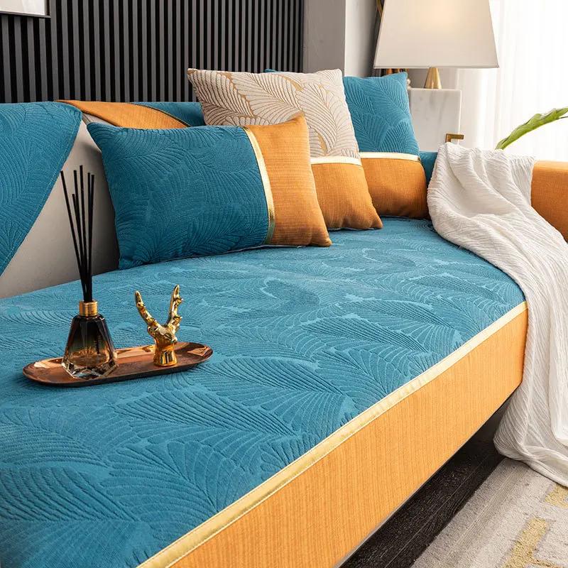 Goldrand geprägte Sofahandtuchmatte Chenille rutschfeste Sofabezug Kissenbezug Blattmuster Sofakissen Wohnzimmer L-förmig