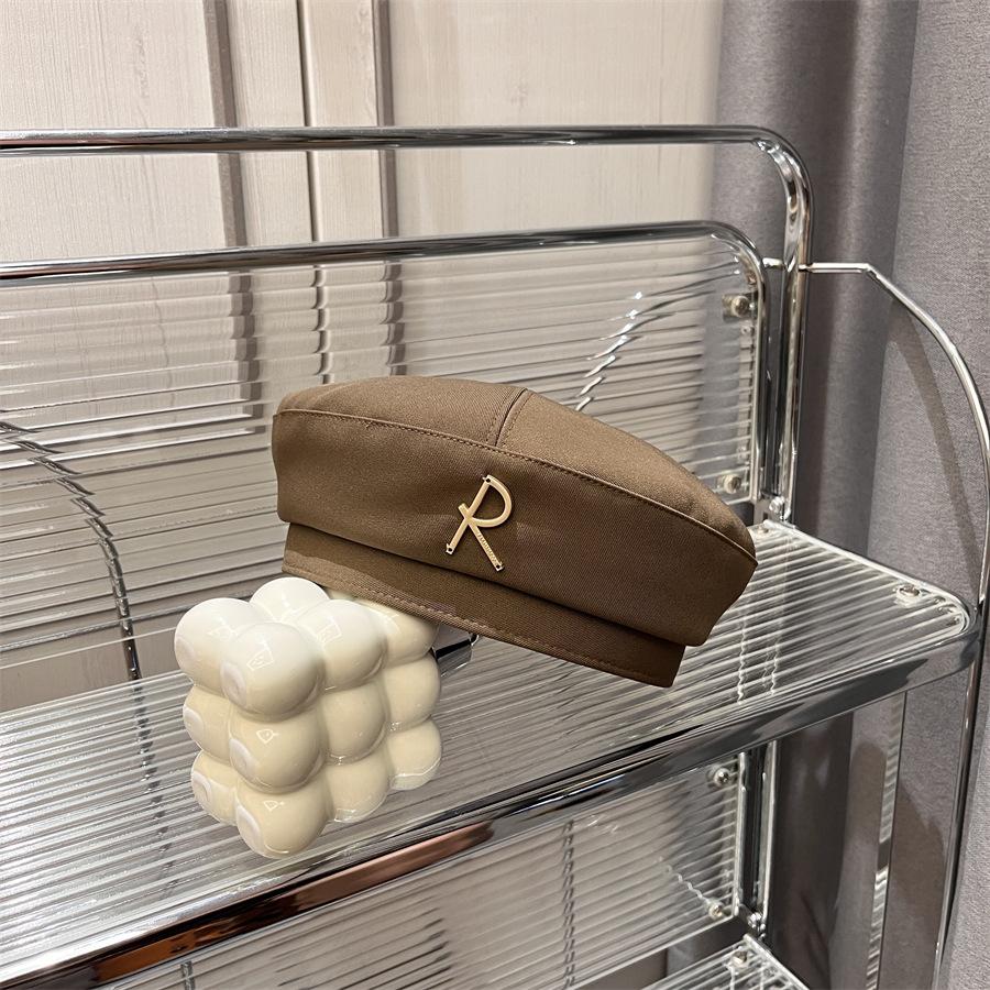 Fashion Metal Letter Octangonal Beret Trendy Beret Hat Lady Solid Color Casual Autumn Cap Vintage Simple Painter Hat Female