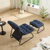 Patio Outdoor Lounge Chair with Ottoman, Comfy Sling Recliner Chair with Puffy Cushion and Foot Stool, Black Frame with Navy Blue Cushion