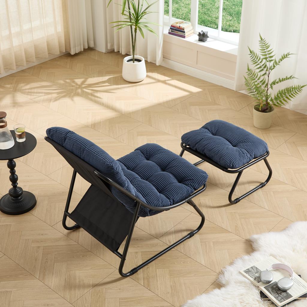 Patio Outdoor Lounge Chair with Ottoman, Comfy Sling Recliner Chair with Puffy Cushion and Foot Stool, Black Frame with Navy Blue Cushion