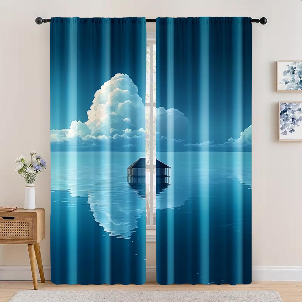 

2 шт., Шторы Облака смотрят на башню у моря Машинная стирка Полиэстер, Без электричества Идеально для вечеринки по случаю дня рождения 29x65in(75x166cm)