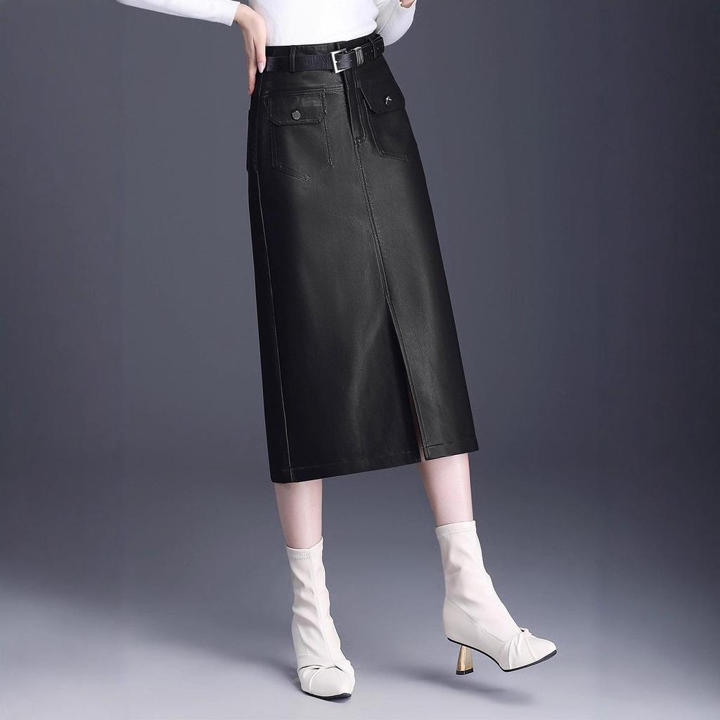 Modischer Damen-Lederrock aus Lammleder mit Schlitz - Hohe Taille, Mittellang, Faltenmildernd, Trendiger Pendlerstil.